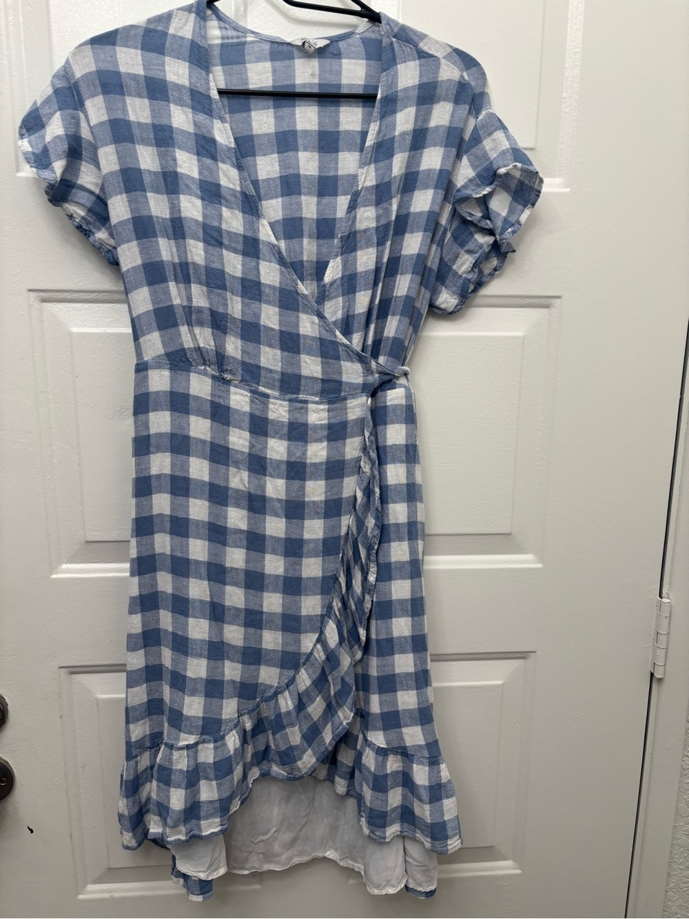 Rails Blue and White Gingham Wrap Midi Dress with Ruffle Hem